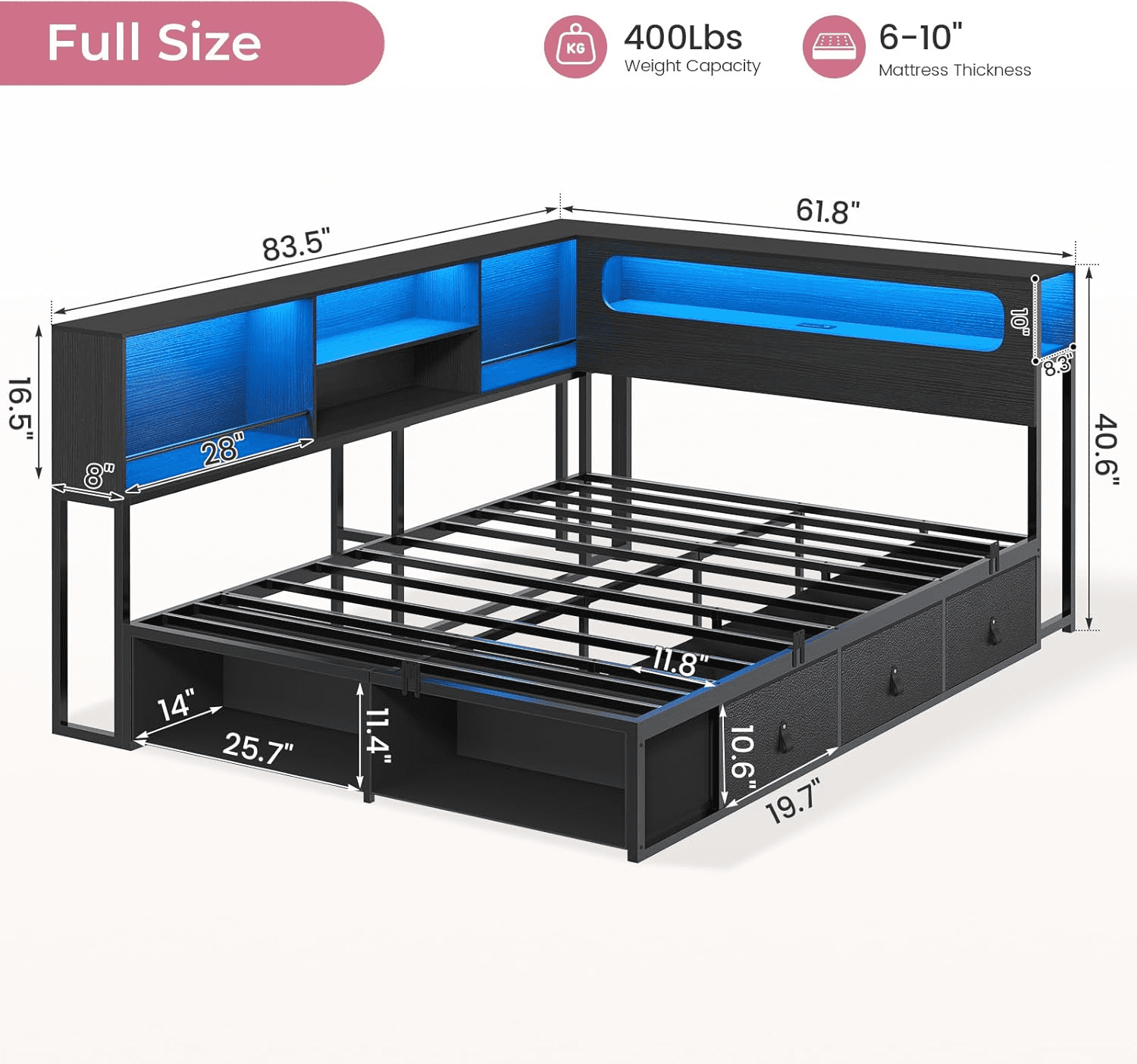 Kicode, Twin Corner Bed Frame with Storage, Size: Twin, Black