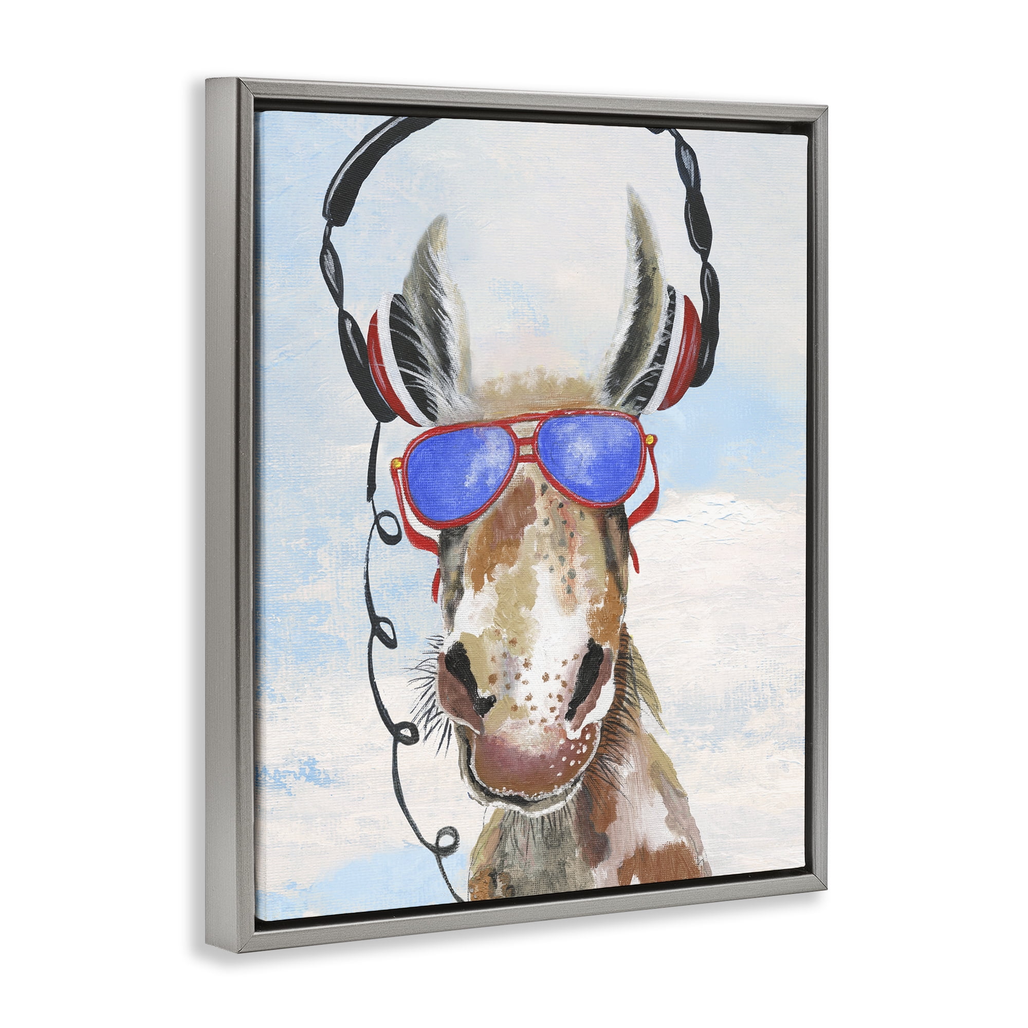 Stupell Industries Donkey Wearing Headphones Gray Framed Floater Canvas Wall Art, design by Janet Tava