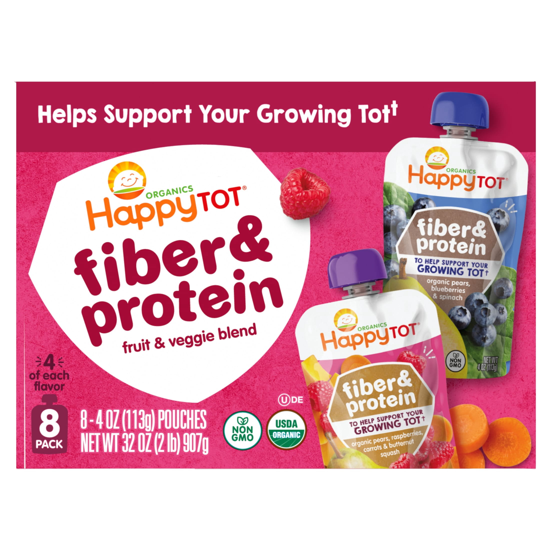 Happy Tot Organics Fiber & Protein Stage 4, 2-Flavor Variety Pack Organic Tot Food, 4 oz (8 Pouches)