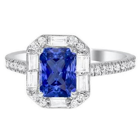 Harry Chad Enterprises 68305 Round & Baguette Diamond 3.50 CT Radiant Shaped Sapphire Halo Ring, Size 6.5