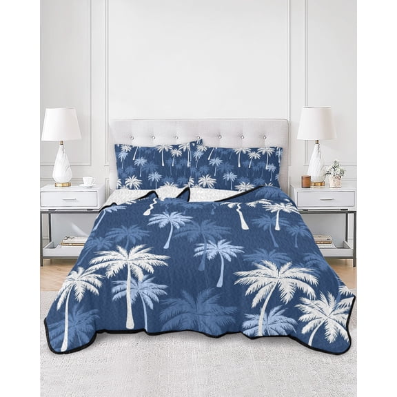 Quilts Full Size, Tropical Palm Tree Soft Comforter Bedding Set for Bed, Navy Blue White Plants Coastal Leaf Lightweight Quilted Bedspread with Pillow Cover(2 Pieces) for All Season, 78x90 Inch