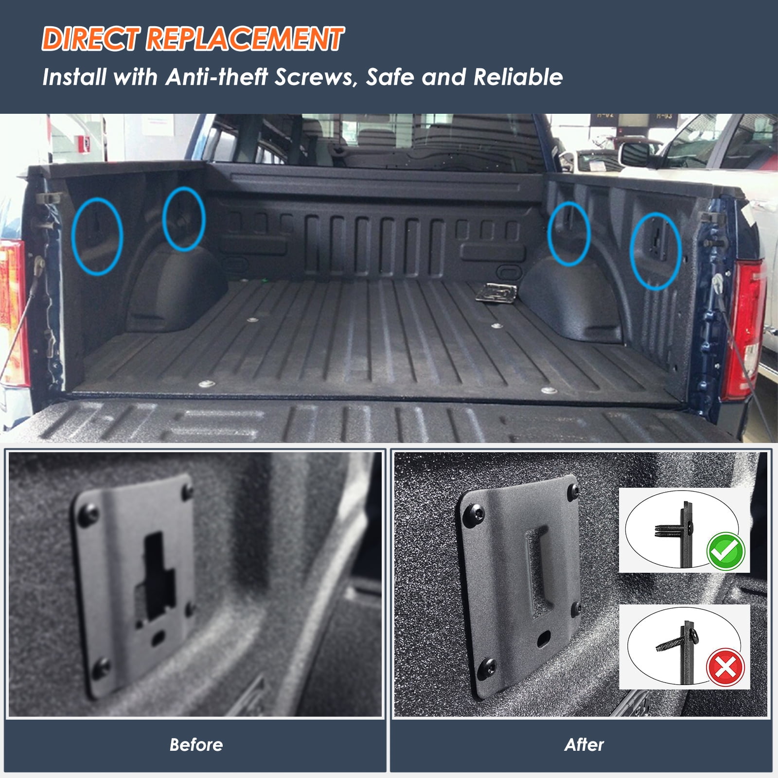 4 Pack Truck Bed Tie Down Anchor Boxlink E Port Bracket Plates & E-Track D Rings Compatible with Ford Raptor 2015-2024 F150 / F250 / F350 Super Duty, Fit for Other E Track Accessories