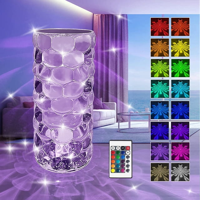 Lámpara de cristal, lámpara de mesa de cristal regulable de 6 vías con 16 colores RGB, control remoto, lámpara de mesa recargable con puerto de carga USB, lámpara de cristal de San Valentín para sala JAMW Sencillez