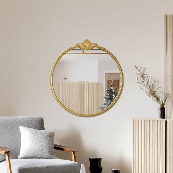 Head West Antique Brass Round Ornate Metal Framed Accent Wall Mirror - 24" x 26" x 1.5"