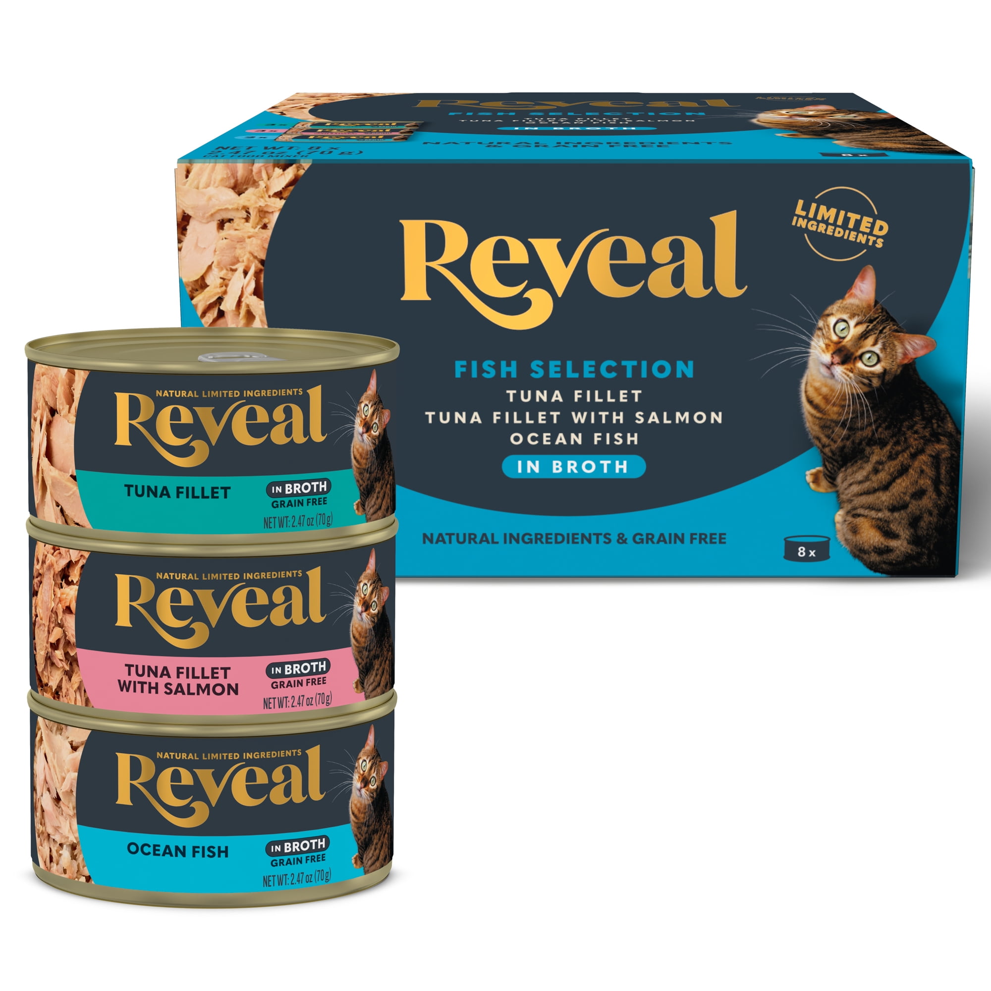 (2 pack) Reveal Pet Food Natural Wet Cat Food Fish Selection in Broth 8 x 2.47oz Cans