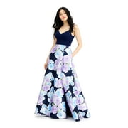 B DARLIN Womens Navy Floral Spaghetti Strap V Neck Full-Length Prom Empire Waist Dress Juniors 78