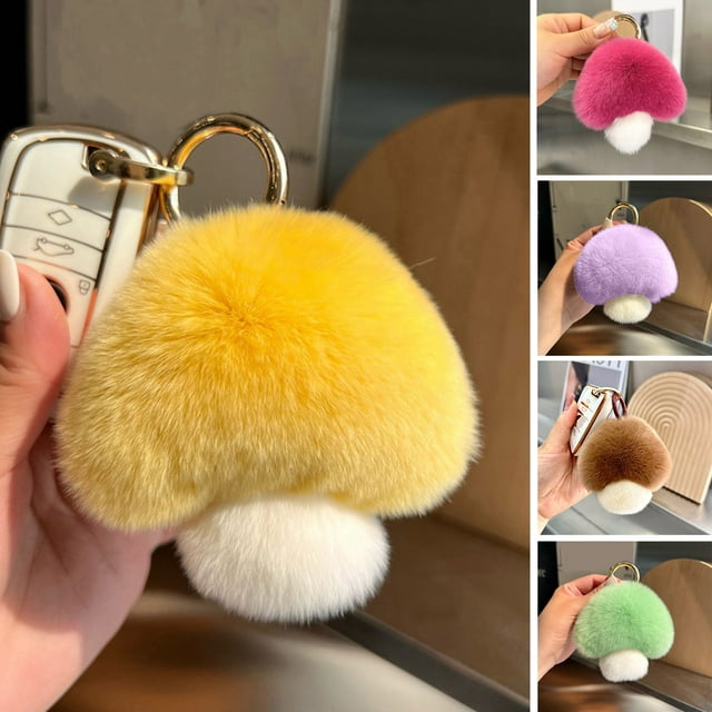 Colorful Plush Mushroom Keychain Fuzzy Faux Rabbit Fur Car Key Ring Holder DIY Keychain Pendant Decoration Backpack Ornament Birthday Gift