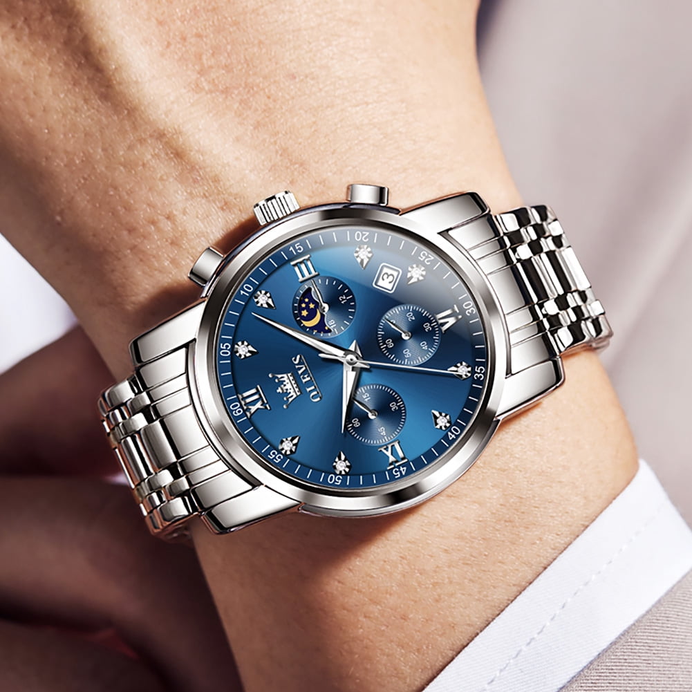 OLEVS Watches for Men Luxury Dress Casual Analog Quartz Gold Plated Stainless Steel Chronograph Moon Phase Waterproof Luminous Date Business Mens Wrist Watches Reloj Para Hombre