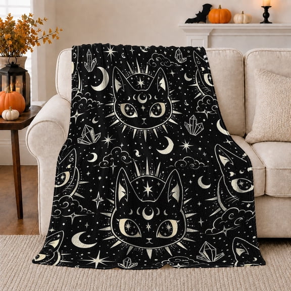 Celestial Black Cat Starry Night Pattern, Festive Pet Portrait Pattern, Warm Flannel Blanket for Living Room and Bedroom, Cat Lovers Just Because Gift, Pet Lover Home Decor