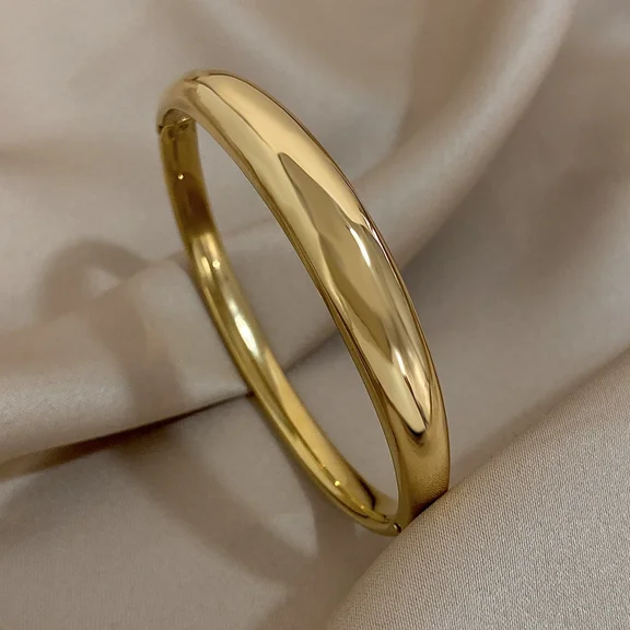 Minimalist Smooth Chunky Cuff Bangles for Women 14K Yellow Gold Golden Color Round Circle Bracelets Waterproof Jewelry