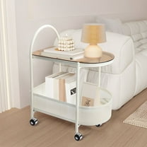 CERBIOR 2 Tier Rolling Side Table, Metal Coffee Sofa Side End Table,Handle Utility Cart, Bed Side Table with Wheels Night Stand, Serving Cart,Drink Cart, for Living Room, Bedroom, Bathroom,WHITE
