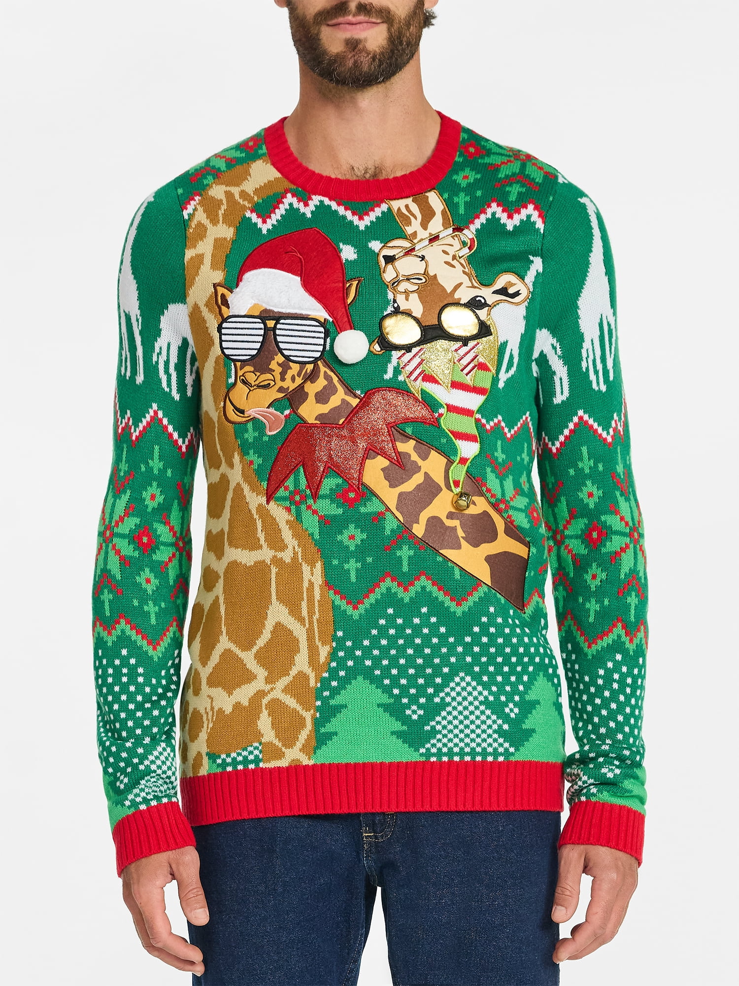 Jolly Sweaters Men's and Big Men's Two Giraffes Holiday Ugly Christmas Sweater, Sizes S- 3XL