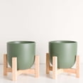 thumbnail image 3 of Peach & Pebble 7" Set of Two Forest Green Egg Shaped Planter + Natural Wood Stand, 3 of 3