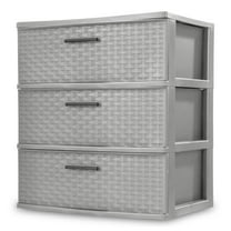 Sterilite Storage Drawer, 3 Drawer Plastic Weave Wide Tower with Pull Handles, Gray