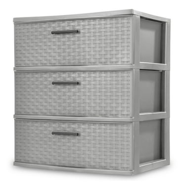 Sterilite Storage Drawer, 3 Drawer Plastic Weave Wide Tower with Pull Handles, Gray