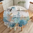 thumbnail image 3 of Marine Life Round Tablecloth 60 inches Vintage Shell Starfish Coral Eucalyptus Leaves Blue Wood Grain Waterproof Oil-Proof Table Cloth Round Table Cover for Holiday Party Picnic Dinner Decor, 3 of 9