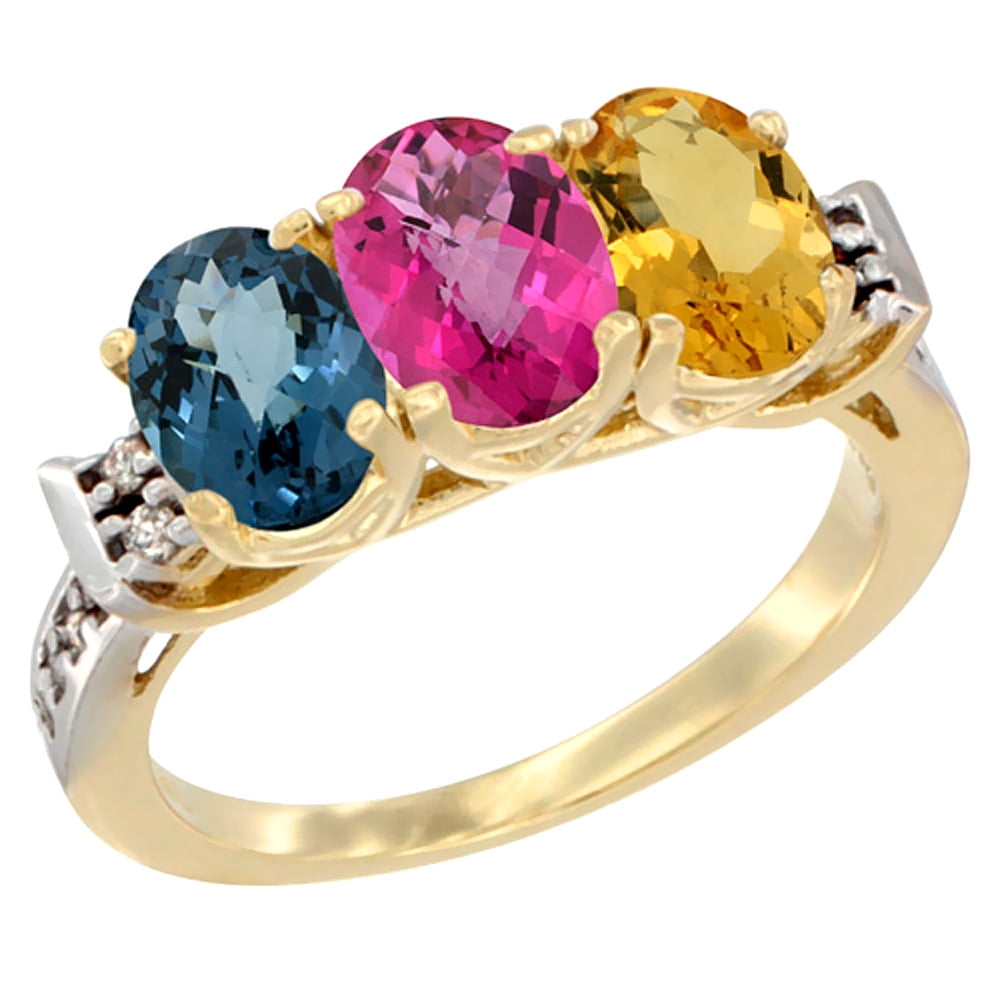10K Yellow Gold Natural London Blue Topaz, Pink Topaz & Citrine Ring 3-Stone Oval 7x5 mm Diamond Accent, sizes 5 10 by WorldJewels