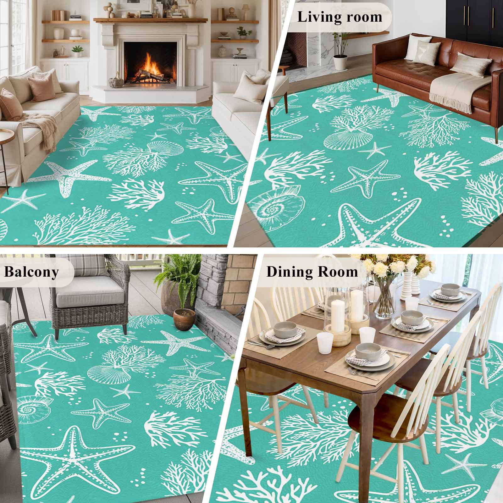 Teal Coastal Area Rugs 5'x7', Washable Small Throw Rugs for Laundry Room Playroom, Nautical Beach Starfish Coral Summer Indoor Outdoor Rug Non-Slip Low Pile Carpet Runner Reversible Floor Mats
