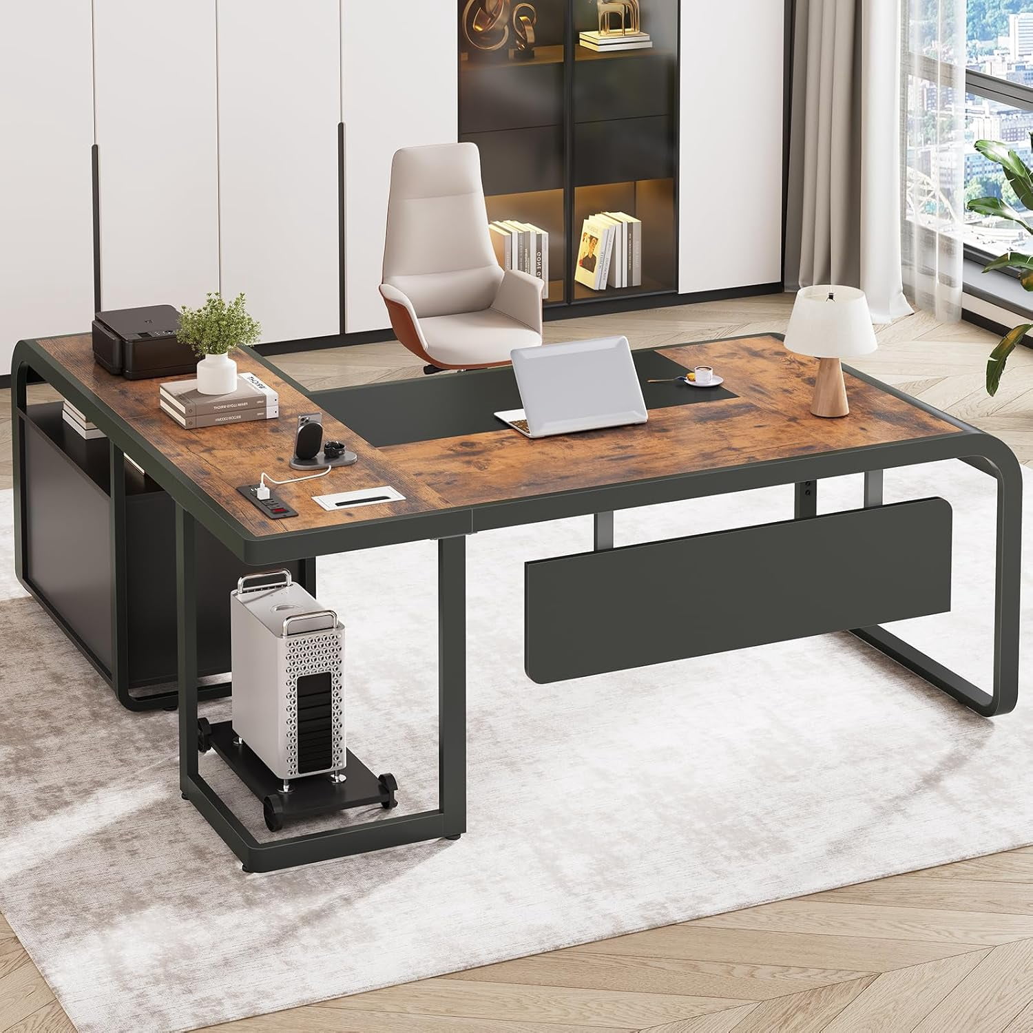 63" Executive Desk with Storage, L Shaped Desk with Power Outlets and CPU Stand, Home Office Desk with Drawers and Shelves, Modern Computer Desk, Rustic Brown