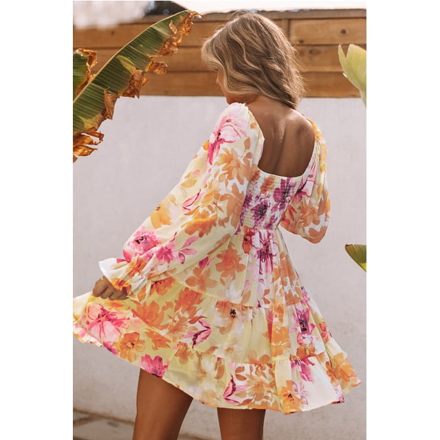 ABPHQTO Vestido floral escalonado de manga hinchada con cuello cuadrado amarillo para mujer