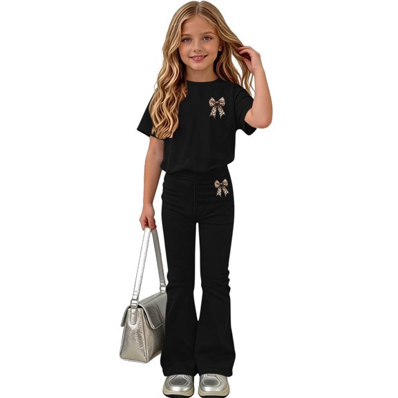 SOOMLON Back to School Outfits for Girls Bow Short Sleeve T Shirts Casual Flare Pants 2PC Summer Weekend Matching Set