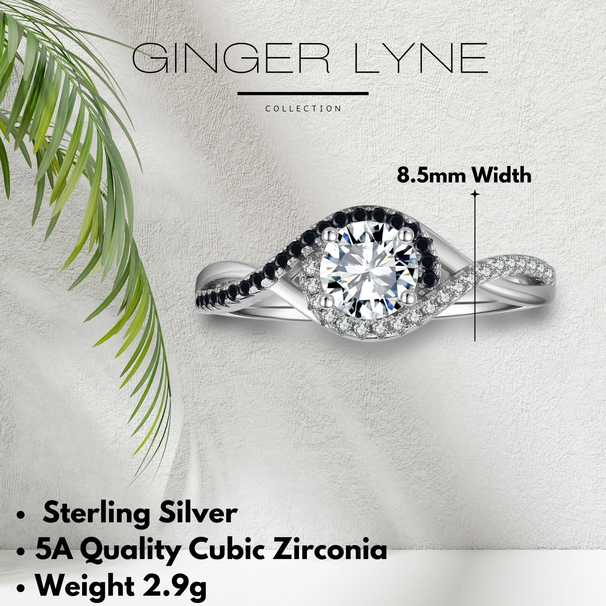 Penelope Black Halo Engagement Ring for Women Sterling Silver Wedding Ring Ginger Lyne Collection