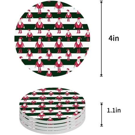 

KXMDXA Christmas Santa Green and White Stripe Set of 4 Round Coaster for Drinks Absorbent Ceramic Stone Coasters Cup Mat with Cork Base for Home Kitchen Room Coffee Table Bar Decor