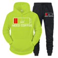thumbnail image 4 of Conjunto de 2 piezas de sudadera y pantalón divertidos para hombre con estampado "Need Coffee" de manga larga con capucha y patrón de batería baja, ropa deportiva, 4 of 5