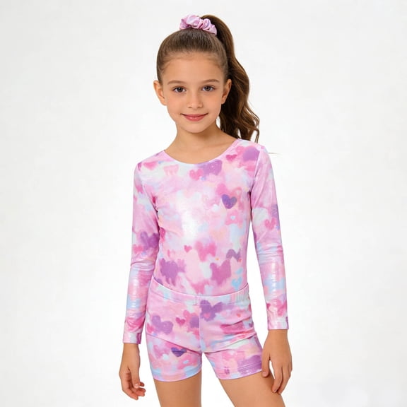 SONGGE Toddler Outfit Sets Girls Long Sleeve Performance Leotard With Glitter Print And Matching Shorts Hair Scrunchie For Dance Gymnastics StBack To School Holiday Clothing Sets