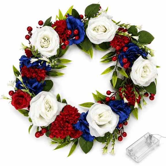4th of July Wreath for Front Door Patriotic Door/Porch Decor Red White Blue Flower Welcome Wall Wreath for Independence Day Memorial Day Design 1