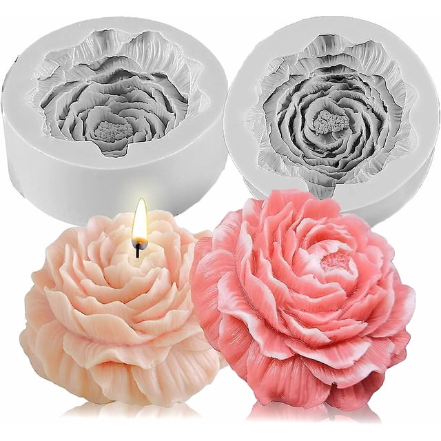 Molde de silicona con forma de flor, 2 moldes de silicona con forma de flor de peonía 3D para cera derretida, velas, fabricación de jabón, fondant, chocolate dulce, decoración de p