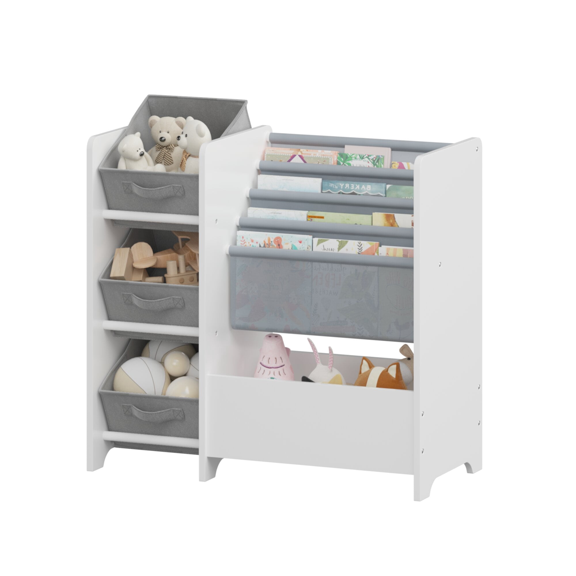 Yoneston Kids Bookshelf and Toy Storage Organizer, Multifunctional 4 Tier Kids Bookcase with 3 Collapsible Fabric Drawers for Children Toddler Bedroom Playroom Nursery, White