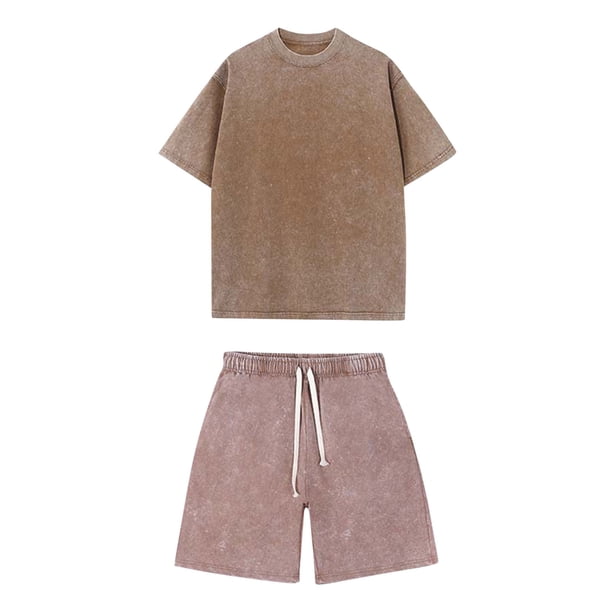 Trajes para Hombres Traje de Ajuste Clásico Verano Cuello Redondo Pantalones Cortos de Manga Corta Traje Dividido de Algodón Lavado