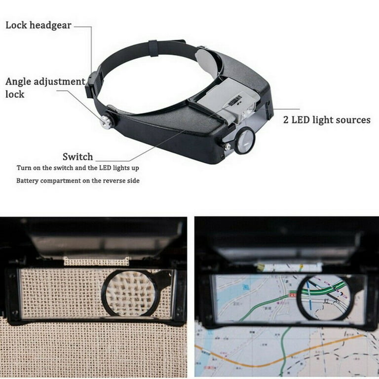Headband Magnifier with 2 LED Light Wearable Magnifier Adjustable