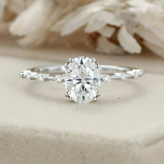 Eclet Jewels Double Prong Set 1.9 Ct Oval Cut Moissanite Ring for Women's - 14K White Gold Plated Ring - Solitaire with Accents Anniversary Ring for Her - Wedding Gorgeous Ring