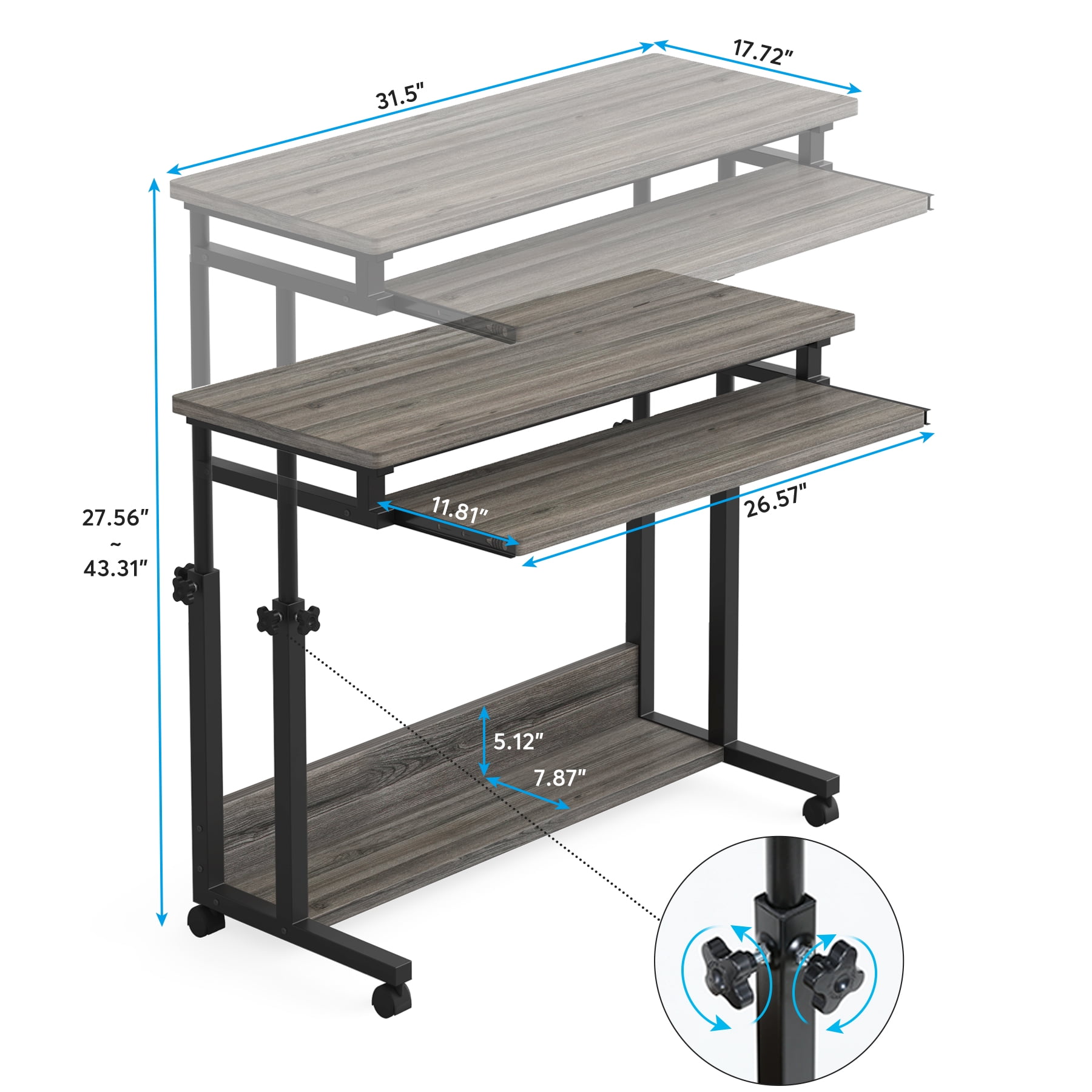 Fnova Height-Adjustable Desk with Wheels, Rolling Computer Cart with Keyboard Tray, Portable Laptop Small Standing Desk for Sofa, Bed, Home Office