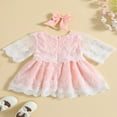 thumbnail image 3 of AMERTEER Bébé Filles Robe d'Été Princesse Tenues Demi-Manche Col Rond Dentelle Maille Robe + Ensembles de Bandeau, 3 of 9
