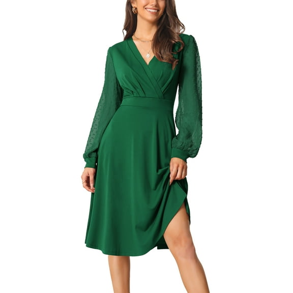 INSPIRE CHIC Women's Wrap Dress V Neck Lantern Long Sleeves Swiss Dots Midi Dress with Pockets Green L