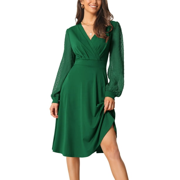 Vestido envolvente para mujer Inspire Chic, con escote en V, mangas de linterna, puntos suizos, midi y con bolsillos, color verde, talla L