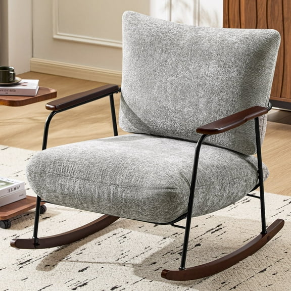 Furniliving Modern Rocking Chair with Thick Padded, Upholstered Chenille Fabric Glider Rocker Armchair, Accent Chairs with Wood Frame for Living Room, Bedroom, Office, Light grey