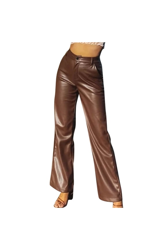 Women Faux Leather Work Pants Relaxed Fit Casual Dressy High Waist Straight Leg Business Dress Pants with Pockets