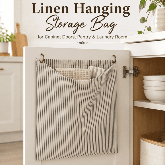 MEYRKLOE Hanging Rag Storage Bag with 4 Hooks, Reusable Washable Dish Towel Holder for Under Sink and Cabinet Door, Ecru Vertical Stripes, 15 x 18 in