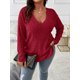 thumbnail image 1 of Camiseta holgada de polar de manga larga con cuello en V y color liso de otoño e invierno para mujer de talla grande, 1 of 6