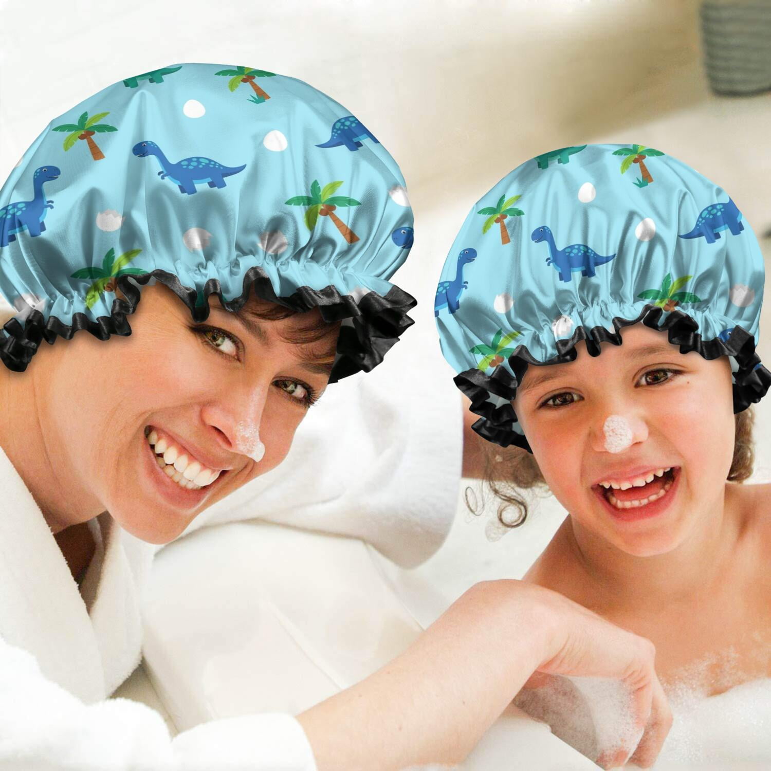 Shower Caps,Light Blue Dinosaurs Palms Eggs Pattern Waterproof Shower Cap for Women 4 Pieces,Double Reusable Hair Cover for Shower PEVA Elastic Stretch Hem