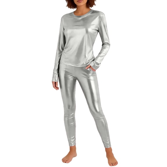IWRICH Shiny Liquid Metallic Sets for Women 2 Piece Long Sleeve T Shirts High Waist Stretch Leggings Matching Wear Casual Party Jumpsuit Silver XL