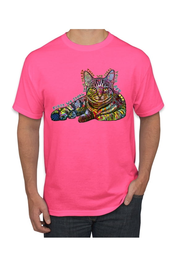 First We Still Your Heart Then Your Bed | Funny Neon Colorful Cat | Dean Russo Art Animal Lover Men's T-Shirt, Neon Pink, Small