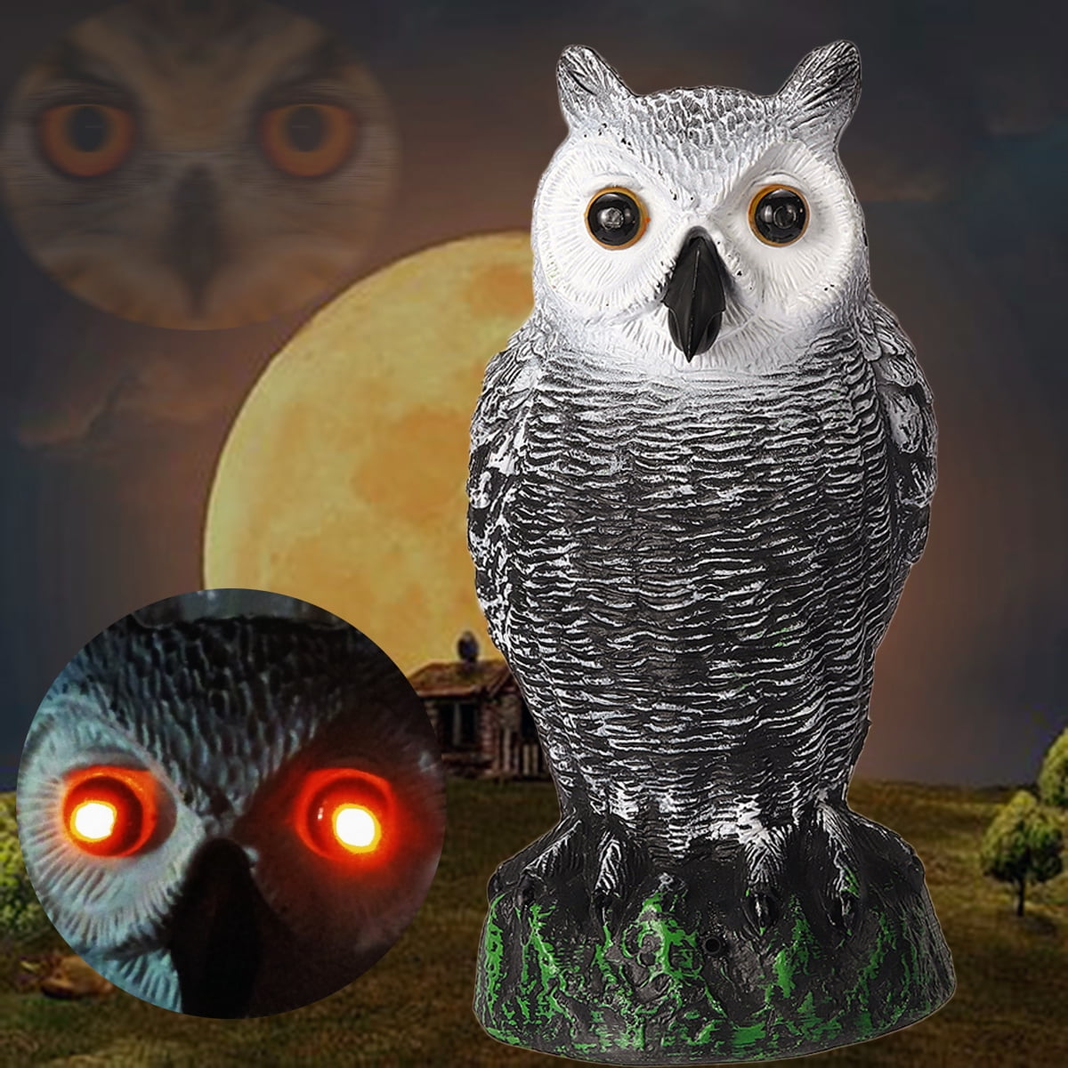 Eyes Glowing & Sound Hunting Fake Owl Decoy Dummy Deterrent Lawn Patio