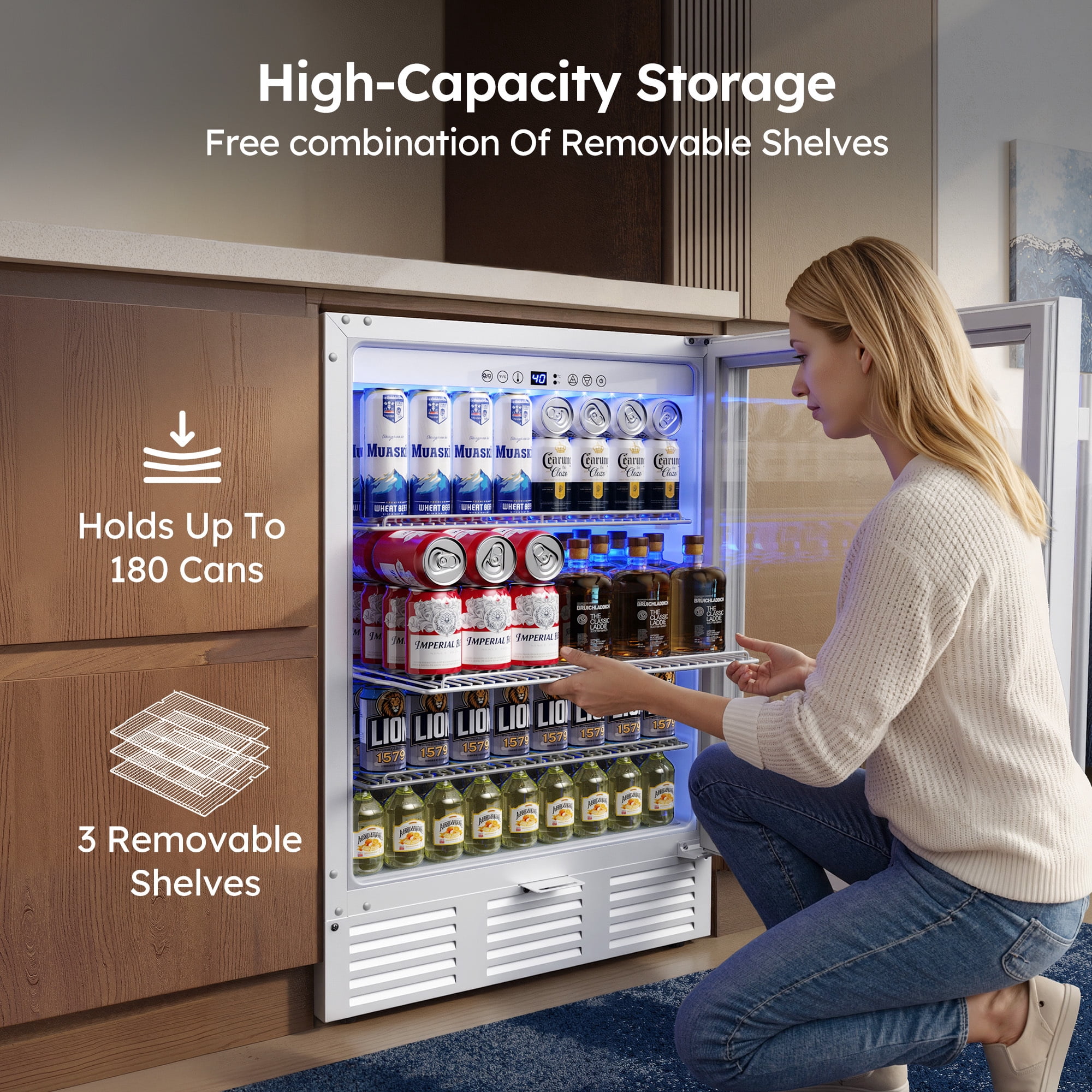 Simzlife 180 Can Beverage Refrigerator,24" Built-in Beverage Cooler with Glass Door, For Kitchen, Office or Bar,White