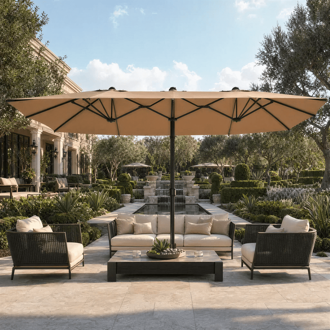 15FT Double-Sided Patio Umbrella with Base, Rectangular Outdoor Umbrella for Backyard, Deck & Poolside, Khaki