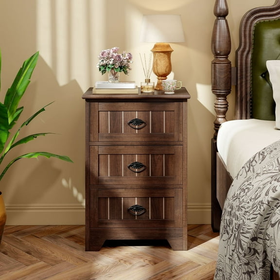 Auranook 3 Drawers End Table Nightstand Bedroom Storage Wood Slide , Sofa Side Table with Fluted Accents & Exquisite Metal Handles for Living Room, Bedroom, Study,Brown